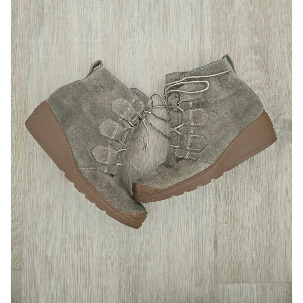 Sorel Toronto Olive Taupe Suede Leather Lace Up Wedge Above Ankle Boots 9.5